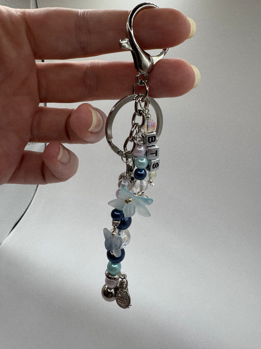 BTS Fan Traveller Keychain Bag Decor, Indigo Blue, Aqua Blue, White, and Silver