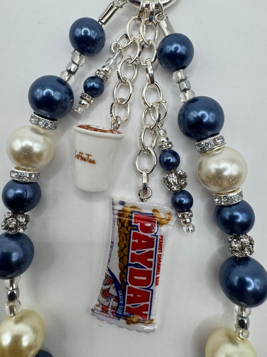 Coffee Payday Treats Keychain Bag Decor, Navy Blue, White, and Silver