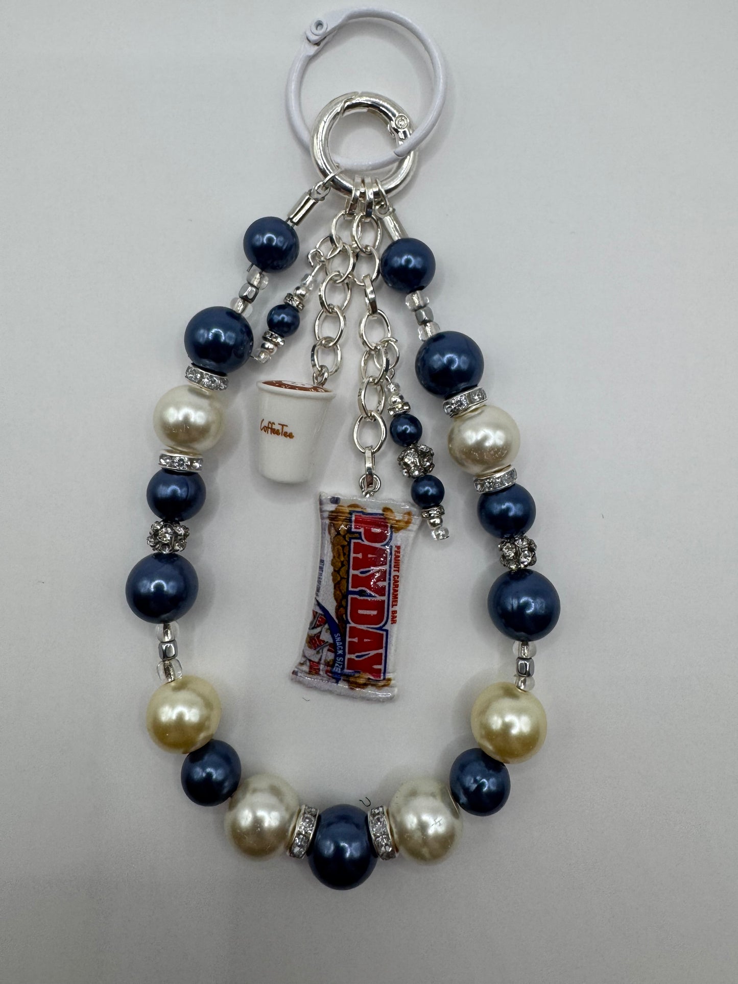 Coffee Payday Treats Keychain Bag Decor, Navy Blue, White, and Silver