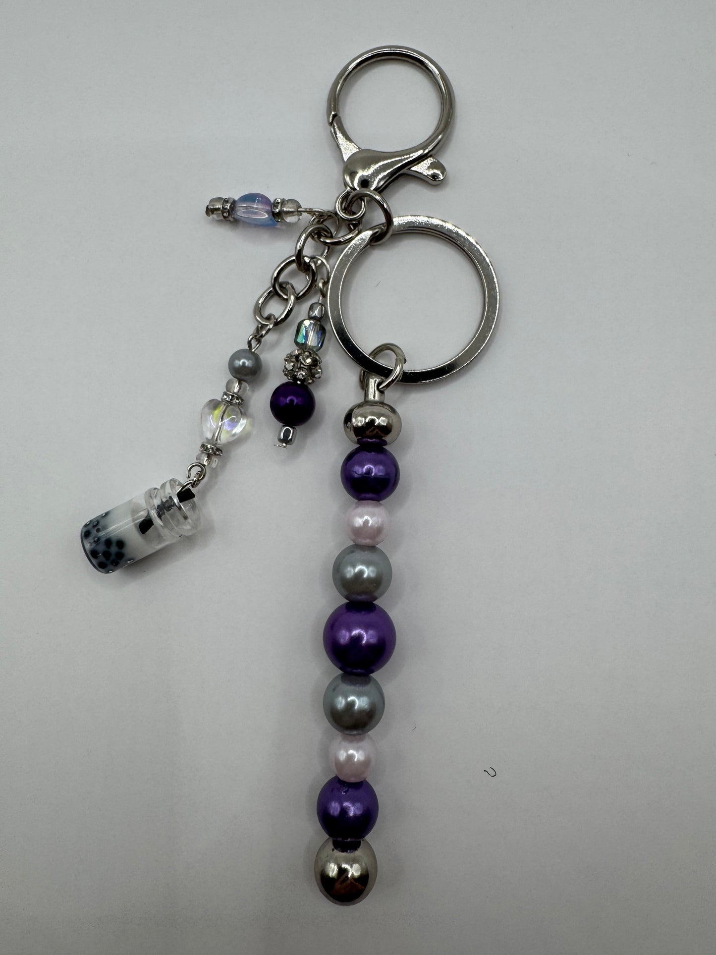 Boba Tea Treat Keychain Bag Decor, Purple, White, and Silver