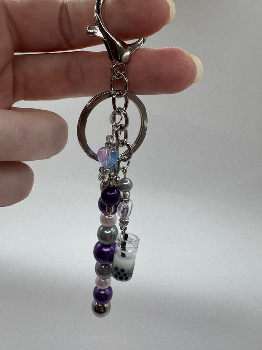 Boba Tea Treat Keychain Bag Decor, Purple, White, and Silver