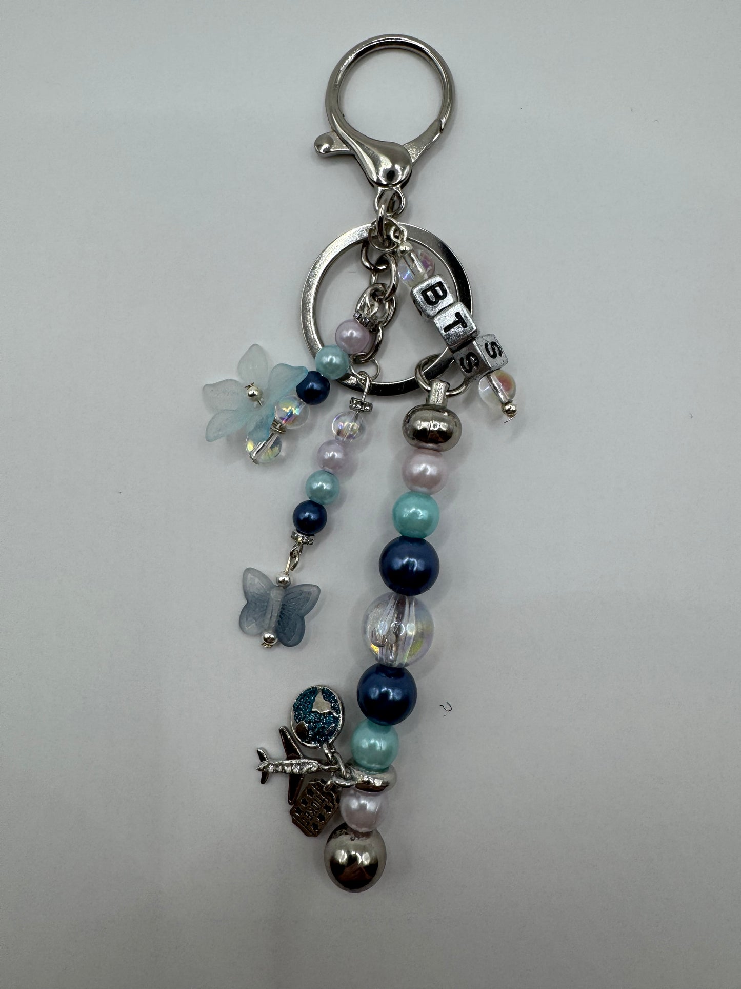 BTS Fan Traveller Keychain Bag Decor, Indigo Blue, Aqua Blue, White, and Silver