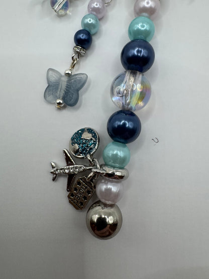 BTS Fan Traveller Keychain Bag Decor, Indigo Blue, Aqua Blue, White, and Silver